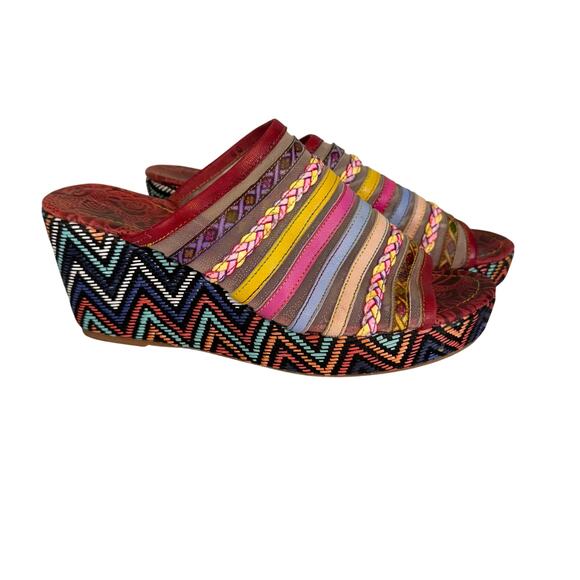 Mules Wedge Sandals 8 Colorful Mesh Leather Open Toe Slip On Retro Festival Boho - Picture 1 of 12